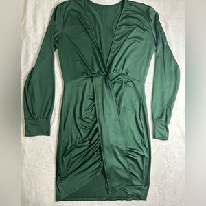 Emerald Green Ruched Bodycon Mini Dress XL Long Sleeve